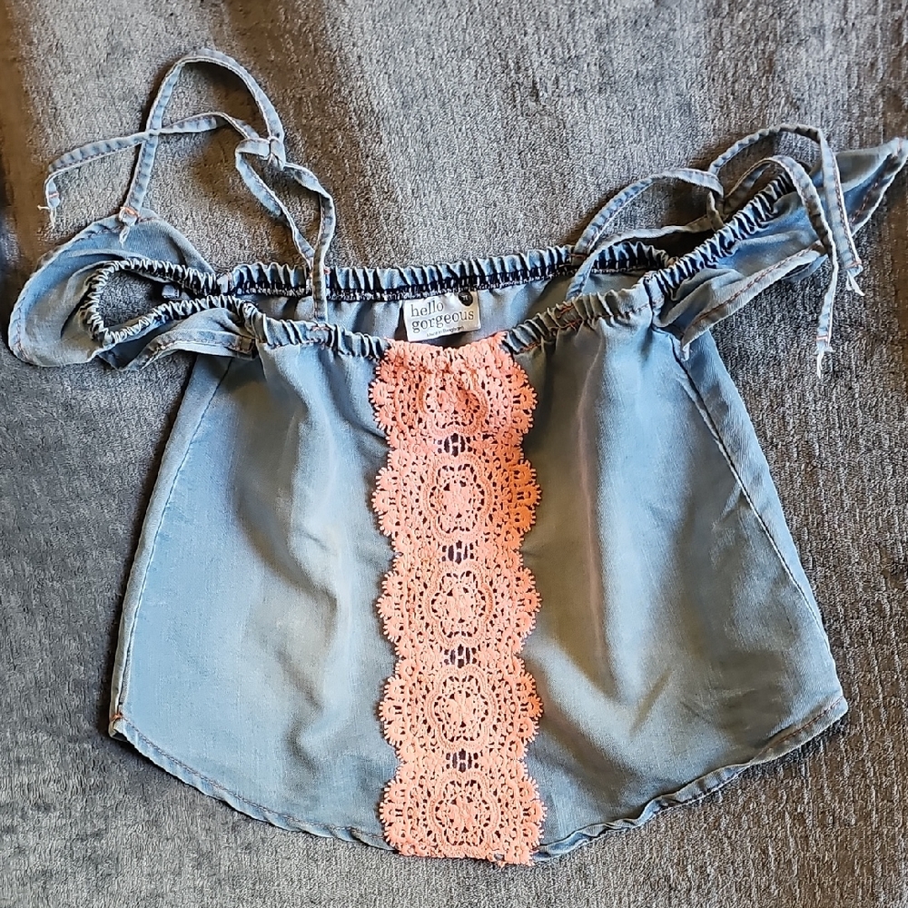 Blue Off-Shoulder Top with Pink Lace